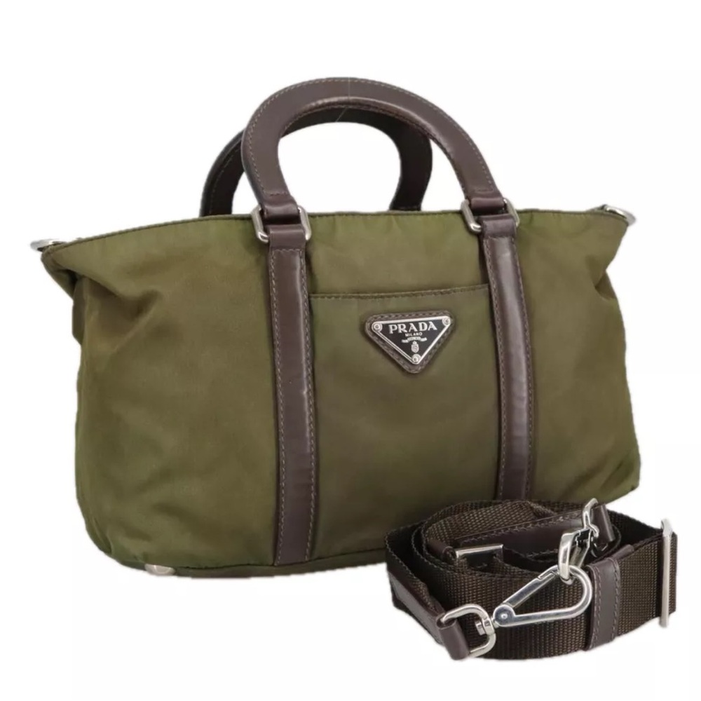PRADA Hand Bag Nylon 2way Khaki Brown Silver Auth kk383 - Picture 2 of 11